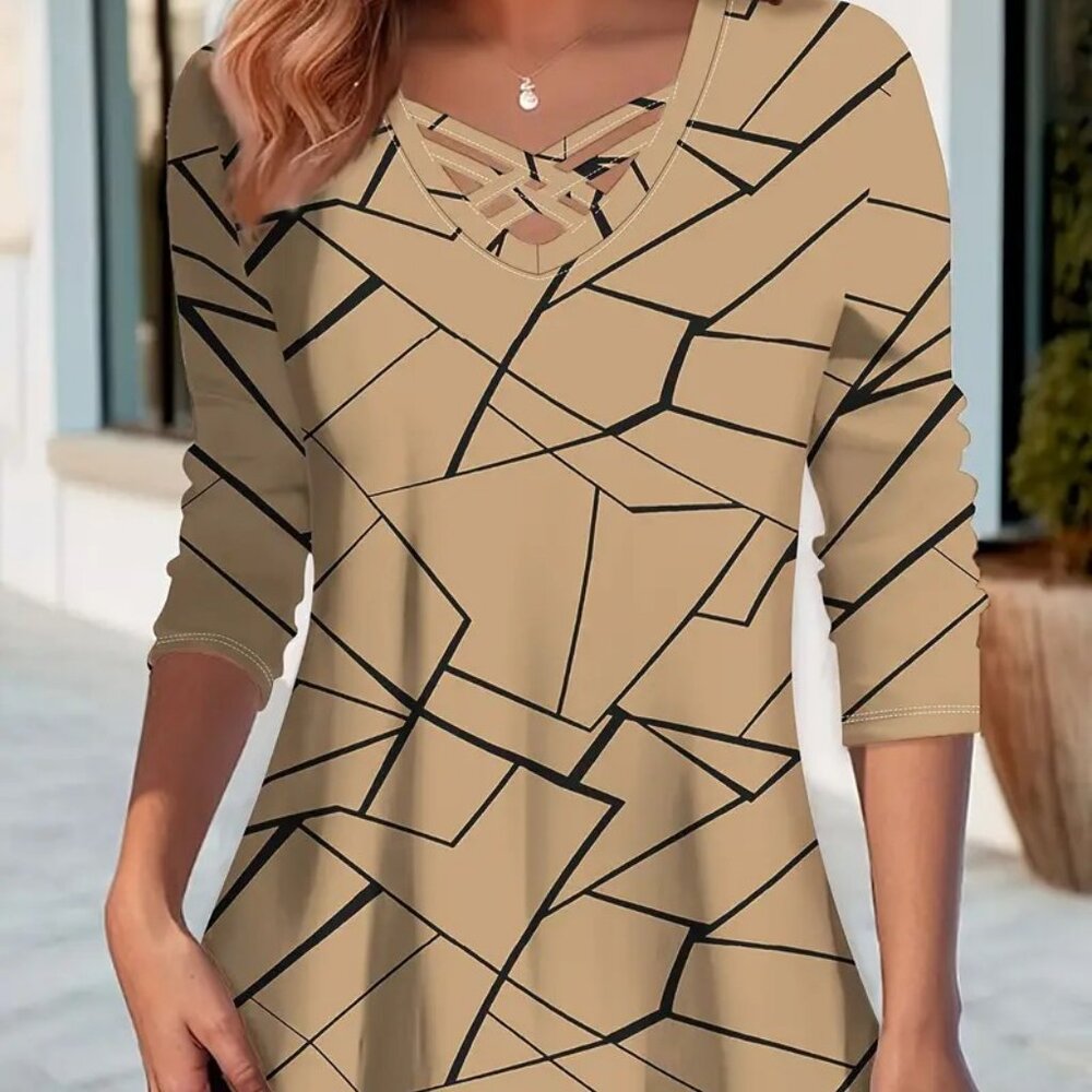 Geo Print V Neck T-shirt, Cross Front Neckline - NEW